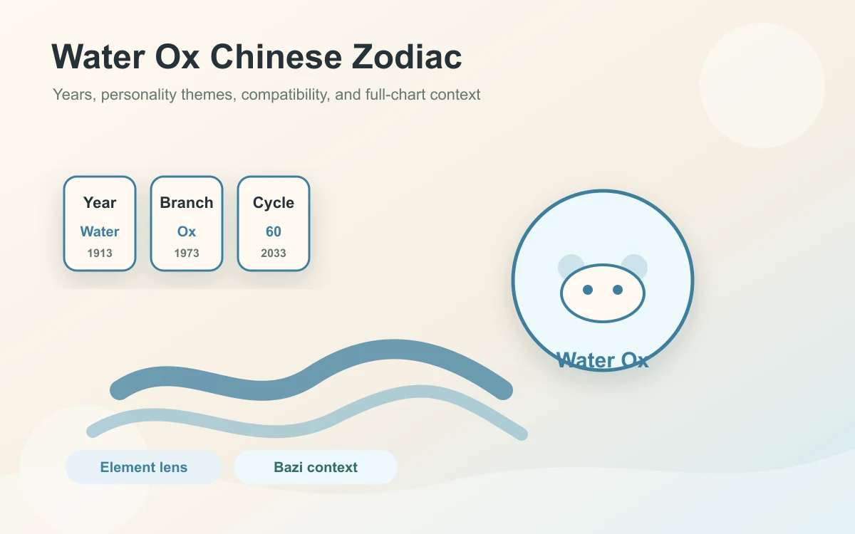 Water Ox Chinese zodiac guide with Water element waves, Ox year markers, and Bazi chart context