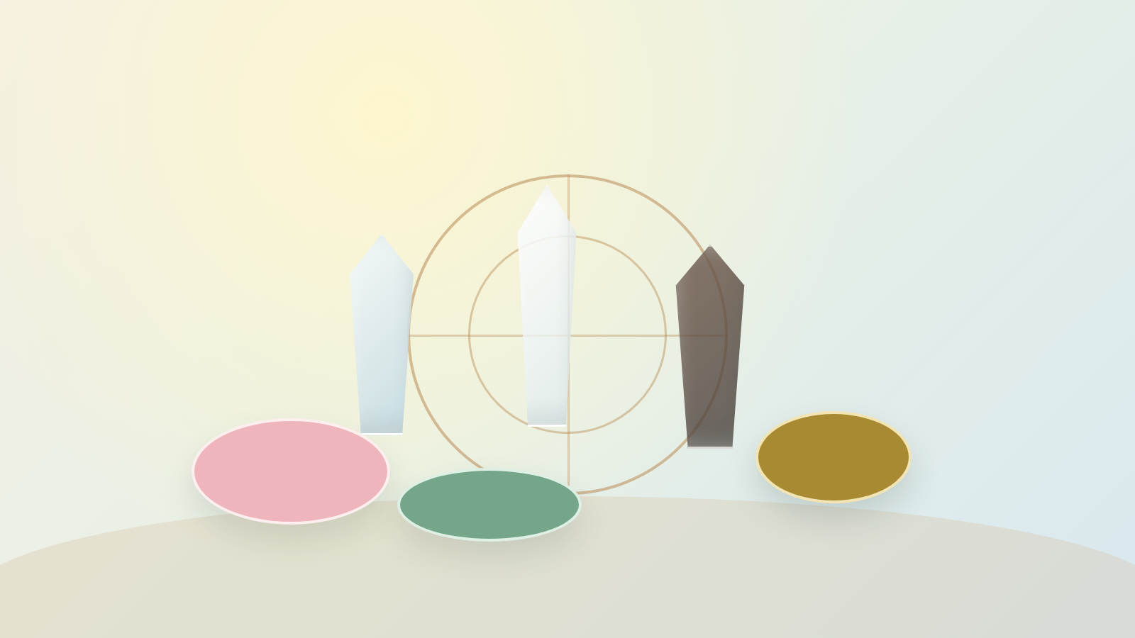Feng Shui crystals arranged around a subtle Bagua and Five Elements reading mat