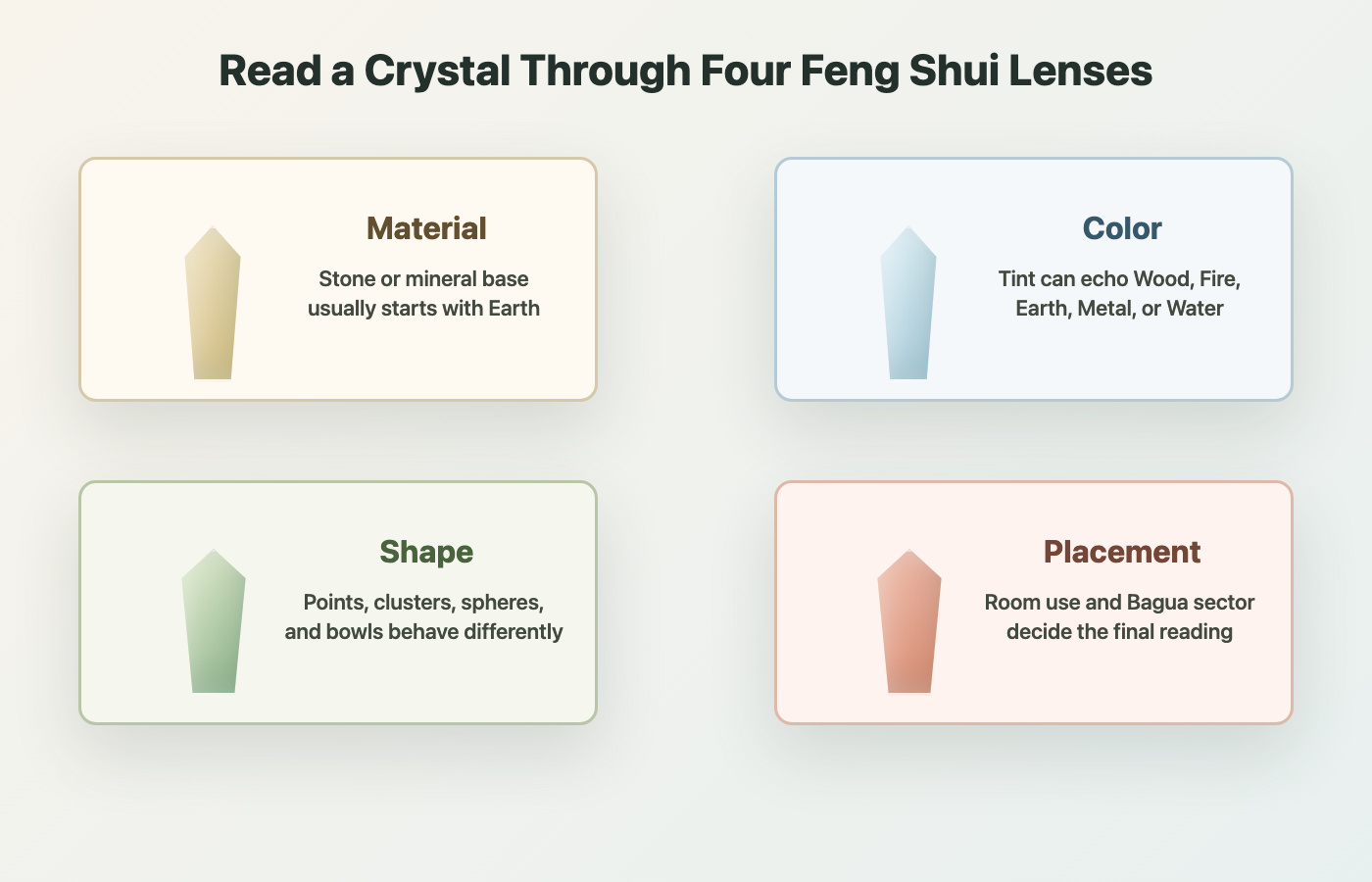 Four Feng Shui lenses for reading a crystal element