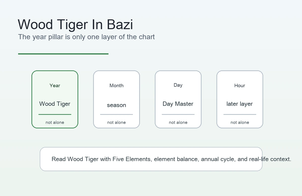 Wood Tiger shown as one year-pillar layer inside a four-pillar Bazi chart